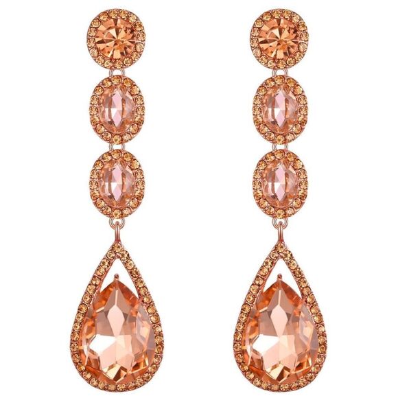 Rose Gold with Peach Morganite Crystal Teardrop Halo Chandelier Post Earrings - Picture 1 of 6